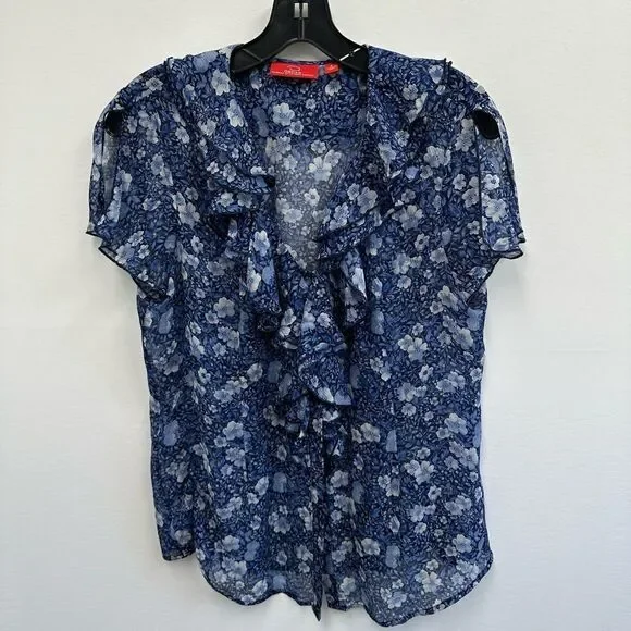 Y2K Oscar De La Renta Blue Floral Ruffle Short Flutter Sleeve Blouse Size 8 - Picture 7 of 14